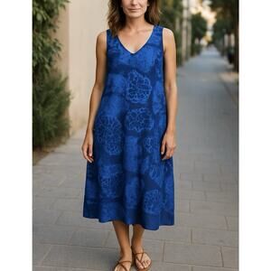 Gudrun Sjoden Blue 100% Linen Dress Floral Sleeveless V-Neck Pockets Size Medium